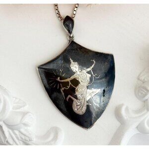 Siam Sterling Silver Shield Thai 1930's 925 Vintage Pendant Necklace - 24"